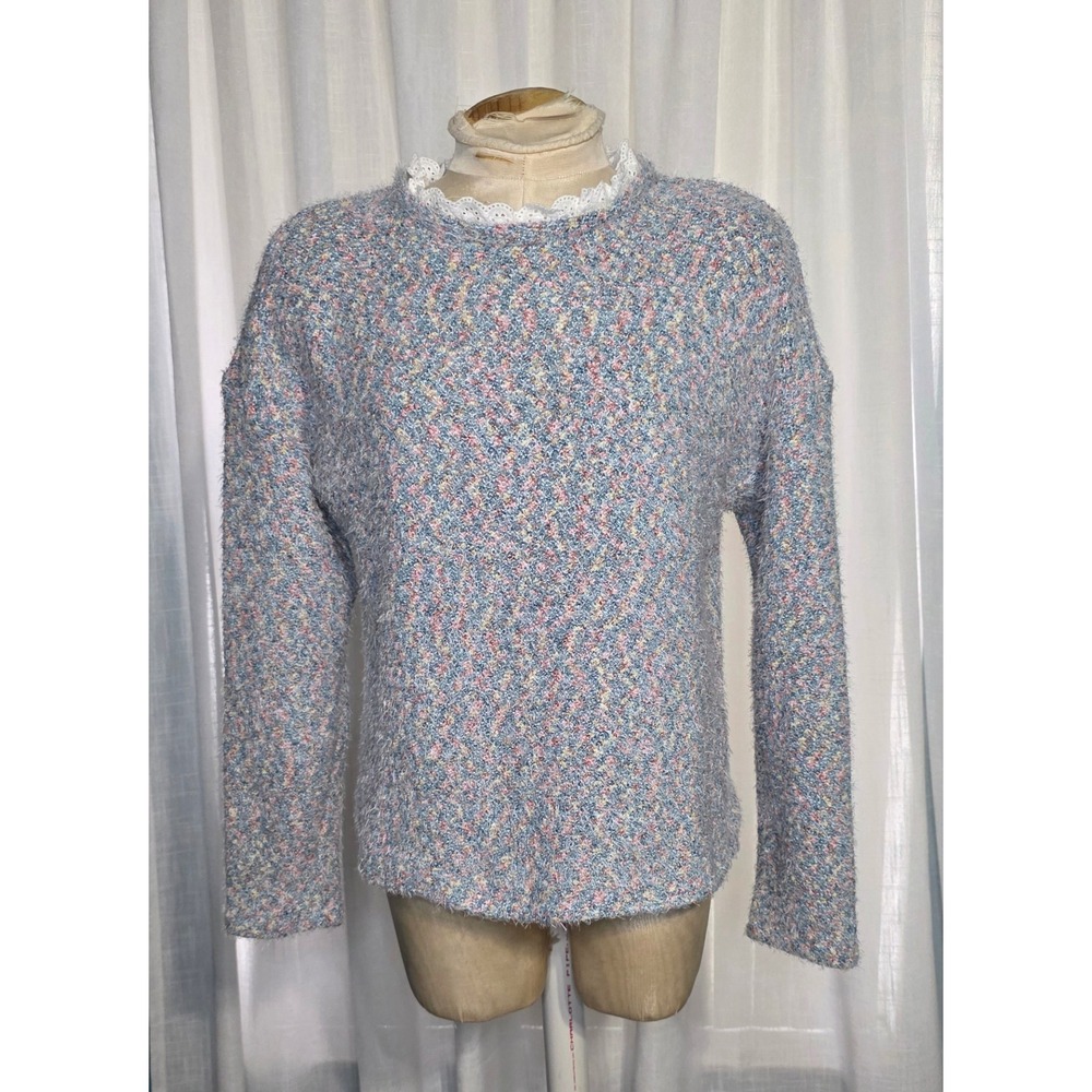 Springfield Women Blue Pastel Multicolor Lace Trim‎ Fuzzy Knit Sweater Size 4 M
